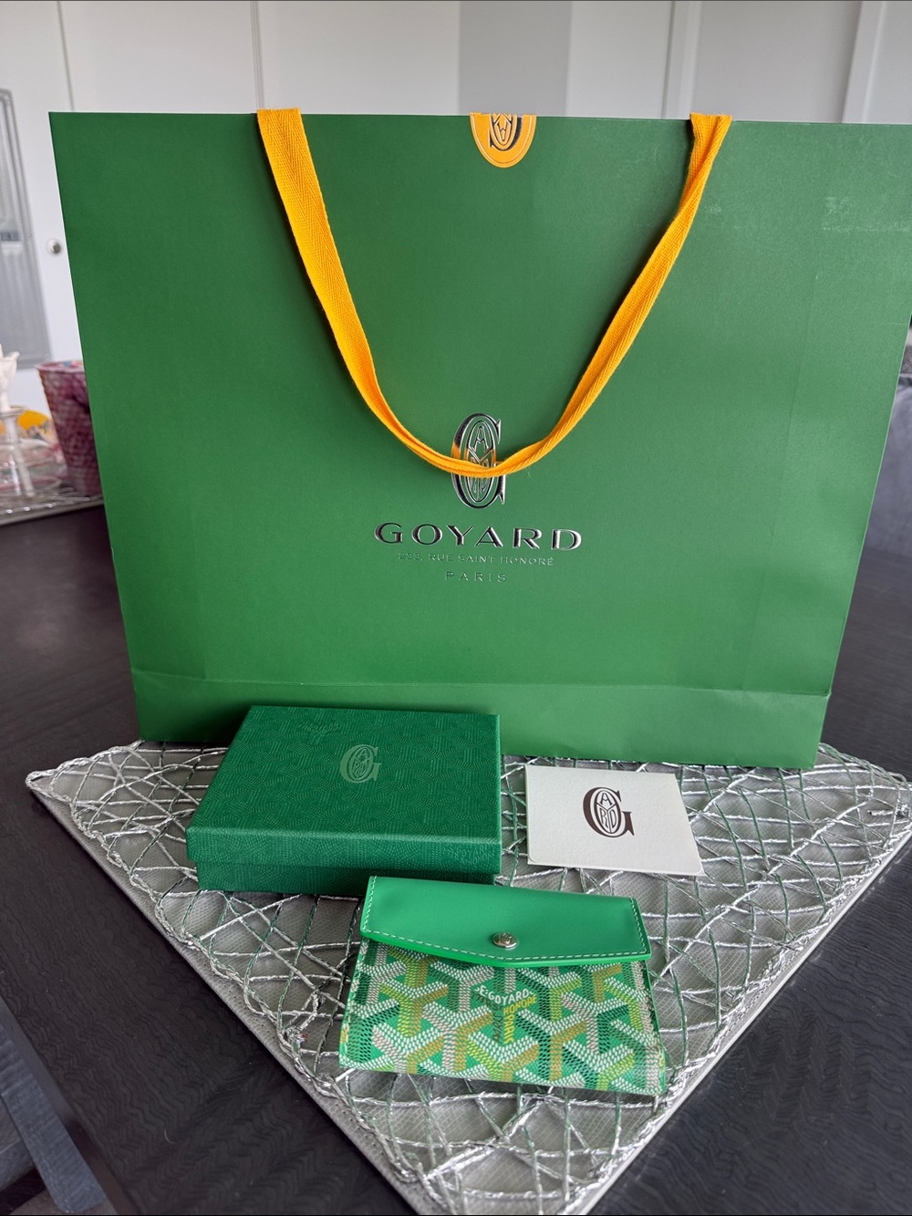 Goyard Green and Yellow Card Pouch with Signature Chevron